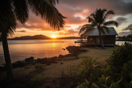 remote island getaway with view of the sunset, palm trees in the foreground, created with generative aiの素材
