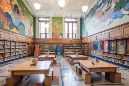 brightly colored murals on walls of school library, with books and learning tools visible, created with generative aiの素材