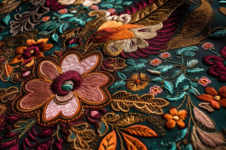 beautiful fabric texture with intricate embroidery and color details, created with generative aiの素材