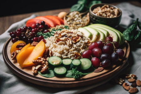 a plate of nutritious and delicious zero-waste meal, with fruits, vegetables, grains & nuts, created with generative aiの素材