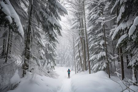 winter sports (skiing, snowboarding, snowshoeing) in a lush green forest, created with generative aiの素材
