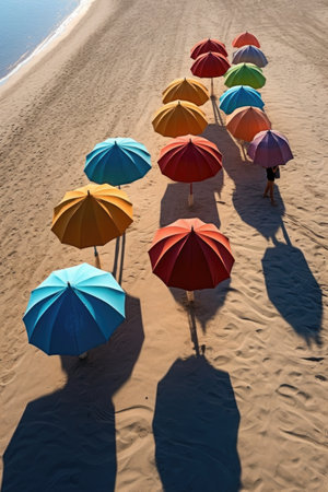 colorful beach umbrellas casting shadows on the sand, created with generative aiの素材