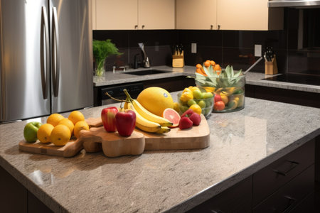 a kitchen, with a countertop filled with fresh fruits and vegetables, ready for cooking, created with generative aiの素材