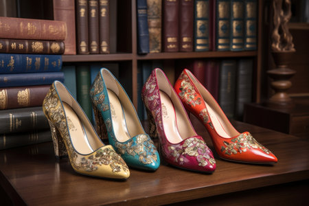elegant footwear collection, featuring colorful and luxurious designs, created with generative aiの素材