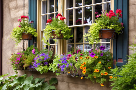 window garden with hanging baskets and colorful flowers, created with generative aiの素材