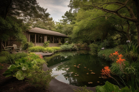 wellness retreat with view of tranquil pond, surrounded by lush greenery, created with generative aiの素材