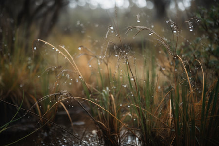 close-up of a marsh, with water droplets and plants visible, created with generative aiの素材