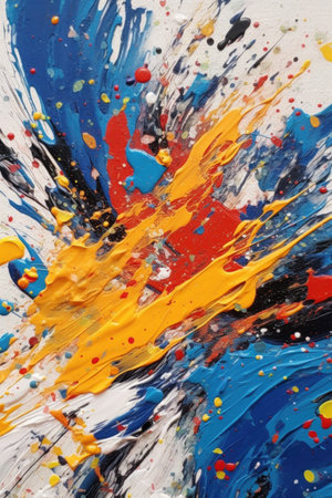colorful abstract paint splatter on canvas, created with generative aiの素材