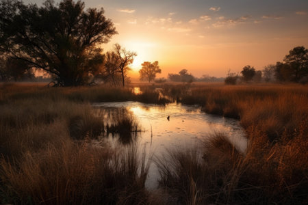 wetlands and marshes, with view of sunset or sunrise, providing a peaceful and serene setting, created with generative aiの素材