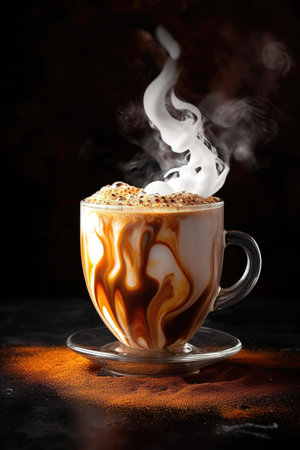 steaming hot cup of coffee with latte art, created with generative aiの素材