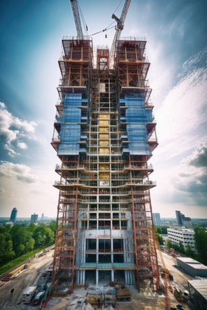 wide-angle shot of a skyscraper construction in progress, created with generative aiの素材