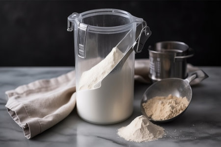 an open bag of flour with a measuring cup nearby, created with generative aiの素材
