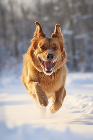 snow-covered dog playfully running in winter, created with generative aiの素材