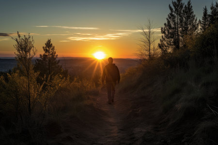 person, hiking along trail, with a view of the sunrise in the background, created with generative aiの素材