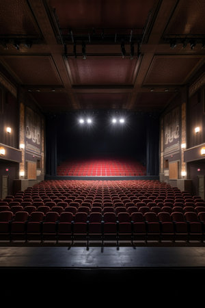 empty auditorium with rows of seats and stage, created with generative aiの素材