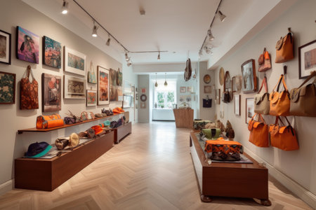 an art gallery, with various fashion accessories on display for visitors to admire, created with generative aiの素材