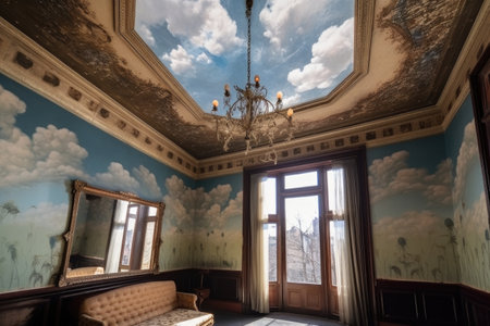 sky-blue mural with clouds and sunbeams on the ceiling, created with generative ai