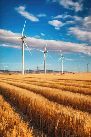wind turbines in a vast field with blue sky background, created with generative aiの素材