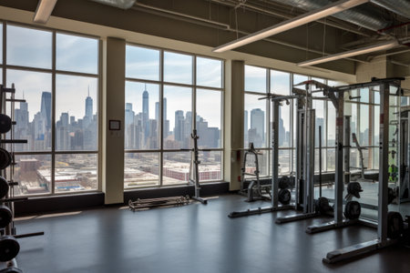 gym, with view of busy cityscape and skyscrapers in the background, created with generative aiの素材