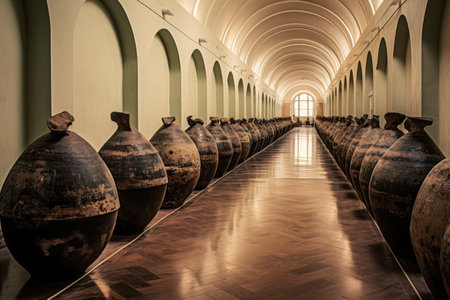row of ancient amphorae in an archaeological museum, created with generative aiの素材