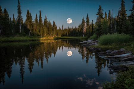 reflection of moon on glassy lake, created with generative aiの素材