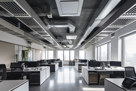 ventilation and exhaust system in modern office space, with sleek lines and minimalistic design, created with generative aiの素材