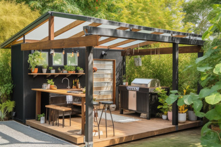 a tiny home with a full outdoor kitchen and dining area, surrounded by greenery, created with generative aiの素材