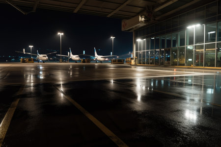 empty airport terminal, with view of the tarmac and planes, at night, created with generative aiの素材