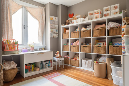 small room with lots of storage solutions, including shelves, baskets, and bins, created with generative aiの素材