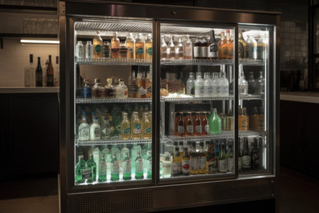 temperature-controlled holding cabinet with glass doors, showcasing food and beverages, created with generative aiの素材