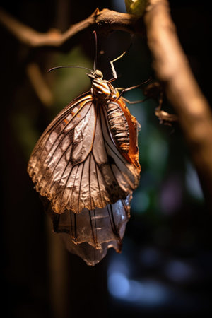 butterfly emerging from a chrysalis on a branch, created with generative aiの素材
