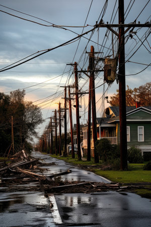 broken power lines and poles after hurricanes wrath, created with generative aiの素材
