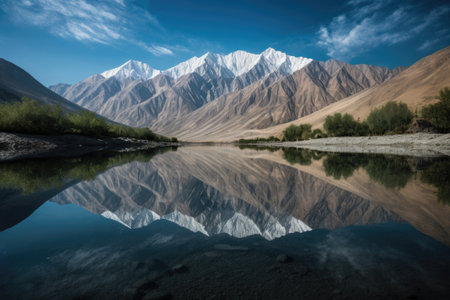 reflection of majestic mountain range in serene lake, created with generative aiの素材