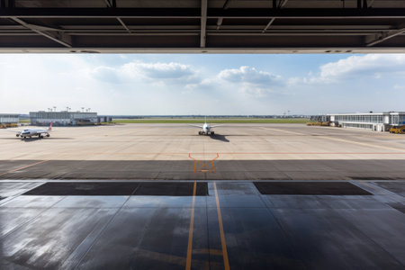 empty airport terminal, with view of runway and planes landing and taking off in the background, created with generative aiの素材
