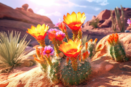 close-up of vibrant cactus flowers in desert landscape, created with generative aiの素材