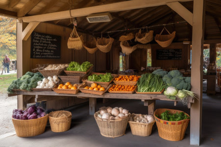 vegetable stand with baskets of fresh produce and sign, created with generative aiの素材