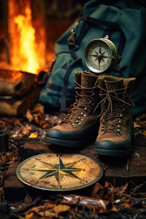 compass and hiking boots near campfire, created with generative aiの素材