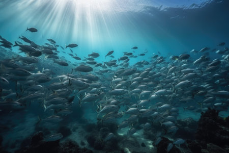 tropical fish school swimming in clear ocean waters, created with generative aiの素材
