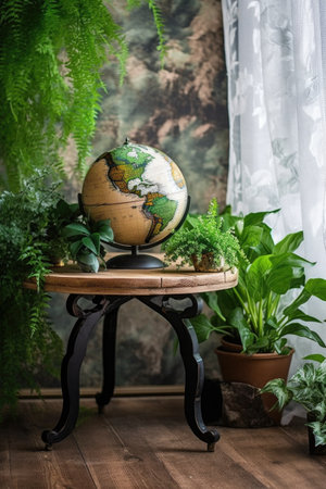 earth globe on a wooden table with a green plant nearby, created with generative aiの素材