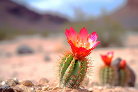 close-up of vibrant cactus flower against blurred desert background, created with generative aiの素材