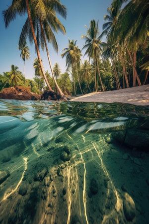 tropical beach with palm trees and clear water, created with generative aiの素材