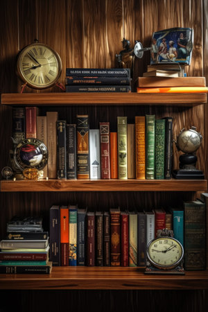 business books collection on a wooden shelf, created with generative aiの素材