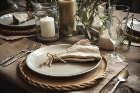 table setting with eco-friendly dinnerware and silverware, created with generative aiの素材