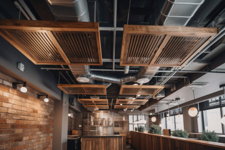 vintage ventilation and exhaust system with wooden slats, exposed ceiling beams, and vintage light fixtures, created with generative aiの素材