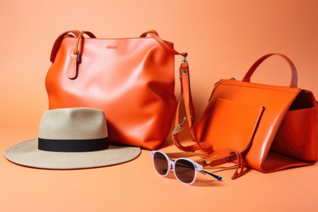 a variety of accessories, including hats, sunglasses, and bags on bright background, created with generative aiの素材