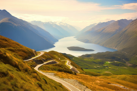 majestic mountain range, with winding road and lake in the foreground, created with generative aiの素材
