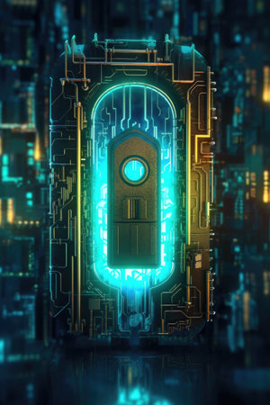 abstract circuit board with glowing keyhole, created with generative aiの素材