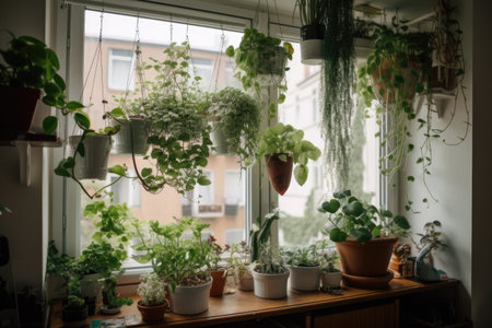 white window garden with plants spilling over the sill and into the room, created with generative aiの素材