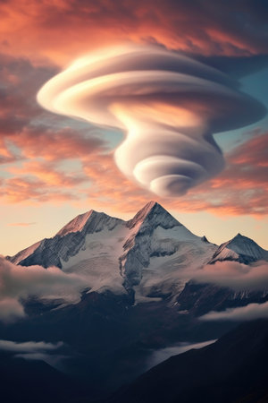 lenticular clouds hovering above mountain peaks, created with generative aiの素材
