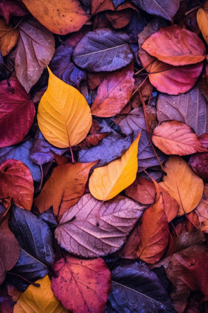 close-up of colorful autumn leaves on forest floor, created with generative aiの素材
